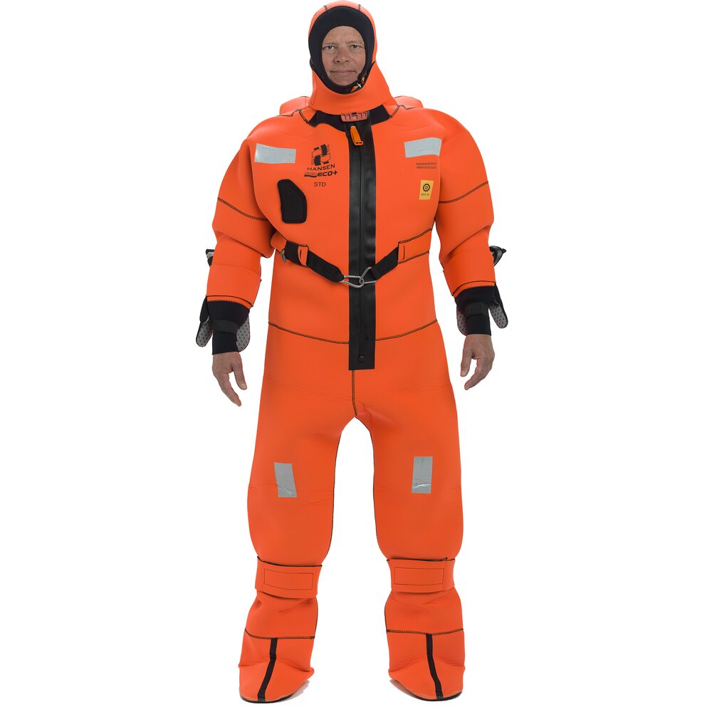 Immersion suit for the merchant fleet. 6 hrs thermal protection. Buoyancy pillow in back.