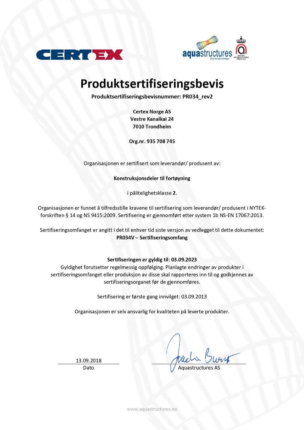 Product certified